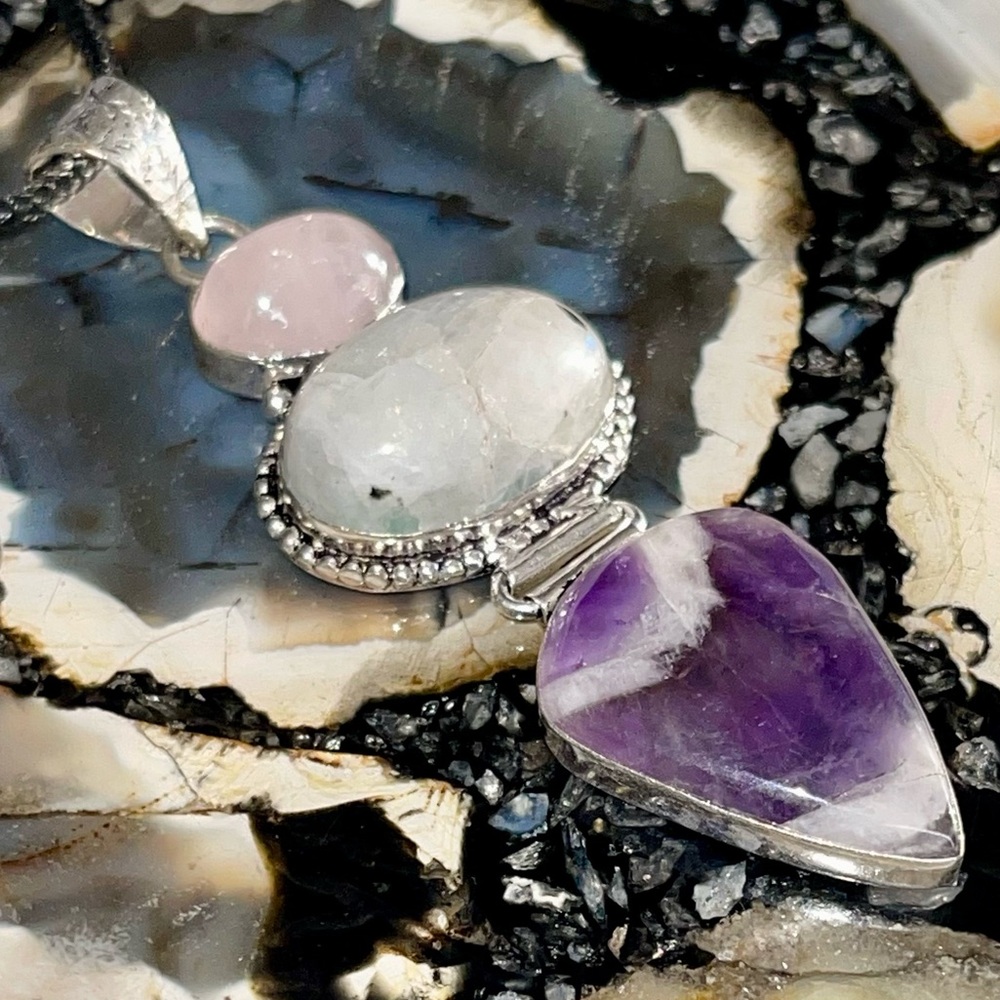 ❌SALE Crack Moonstone ❌ Rose Quartz, Amethyst Crystal Pendant 3 1/4” - Picture 14 of 17